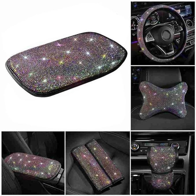 Bling Crystal Armrest Cushion,Universal Glitter Diamond Center Console Armrest Cushion Pad Automotive Interior Decoration Accessories Fits Most Cars