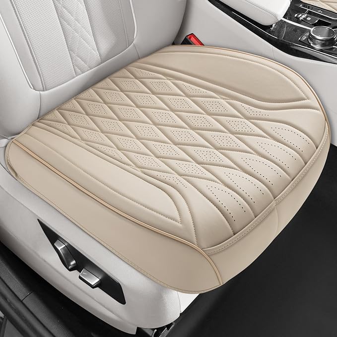EQUIDEVDY 2 Pack Leather Bottom Car Seat Covers,Front Seat Covers for Cars,Driver Car Seat Cover,Luxury Faux Leather Seat Protectors,Full Wrap,Waterproof,for Most Vehicles,Sedan,SUV,Truck (Beige)