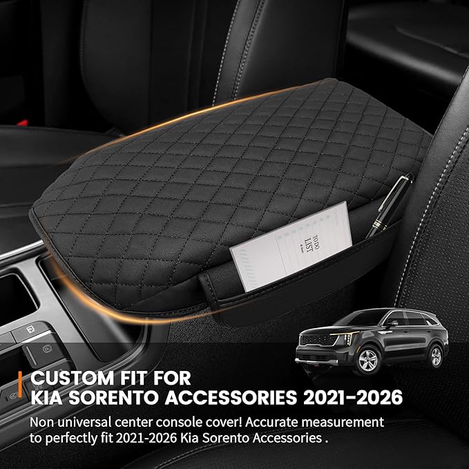 Custom for Center Console Cover Kia Sorento 2026 2025 2024 2023 2022 2021 Armrest Cover Accessories PU Leather Armrest Seat Box Cover Protector with Pockets Storage Bag