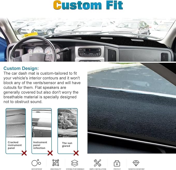 x xotic tech Dashboard Mat Cover Compatible with Dodge Ram 1500 2500 3500 2002-2005 Pre-Cut Non-Slip Sunshield Sun Glare Protector Dash Carpet Pad Black