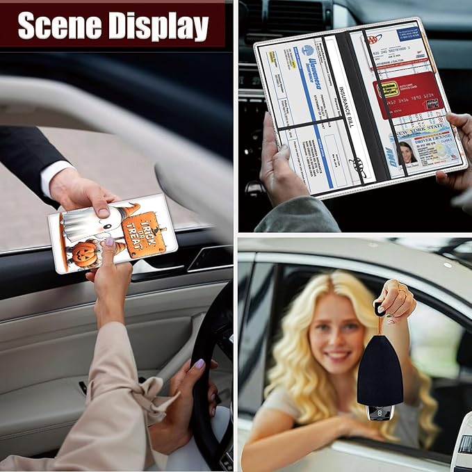 Car Registration Holder, PU Leather Vehicle Glove Box Organizer for Driver License, Document, Car Insurance Holder with Magnetic Shut, Auto Paperwork Wallet Case Accessories, Cute Trickster Ghost