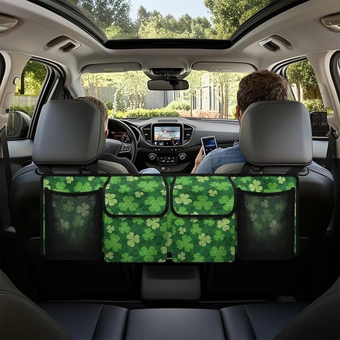 Green Lucky Leaf Car Trunk Organizer, St. Patrick's Day Hanging Seat Back Storage Organizer with Large Pockets, Space-Saving Backseat Car Organizer, Large Capacity Collapsible Bag