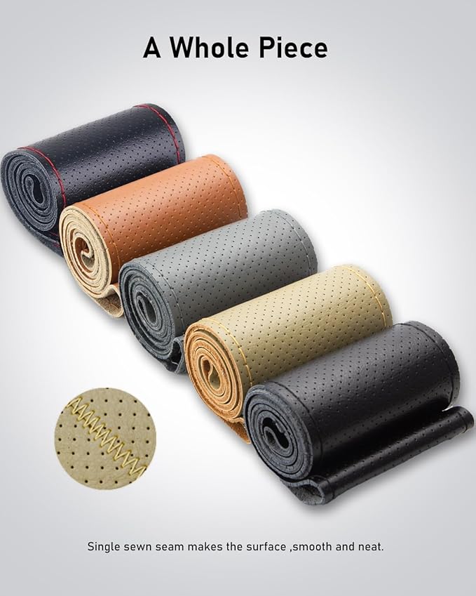 BELINOUS Universal Leather Car Steering Wheel Cover, Stitch On Wrap (Size L5, Beige)