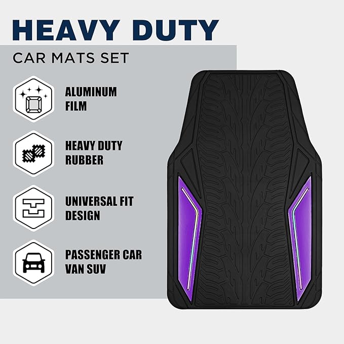 PIC AUTO Rubber Floor Mats, Purple Aluminum Film with Colorful Piping Floor Mats for Cars, Car Mats with Non-Slip Backing, All-Weather Protection, Trim-to-Fit Liner for Cars, SUVs, Trucks, Vehicles
