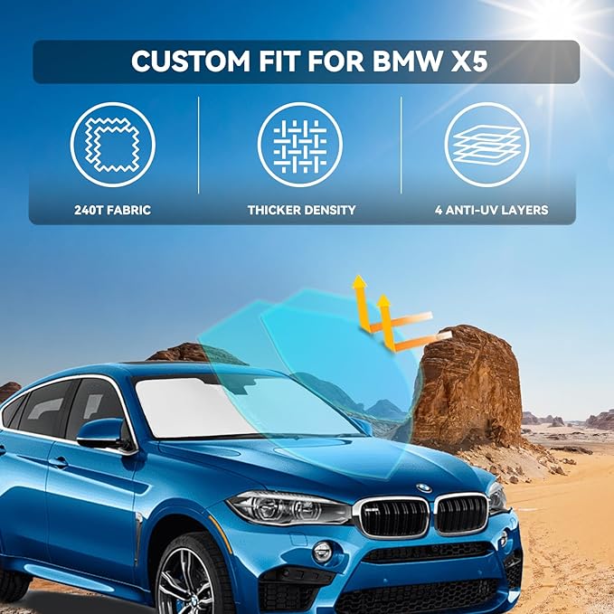 for BMW X5 2014-2018 Windshield Sun Shade - 4 Layers Car Sunshades for Front Windows Shade Cover Custom Fit X5 Sun Visor 240T Retractable Shade Blocks UV Rays Car Accessories
