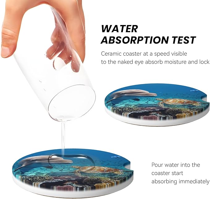 HUWAAI Dolphin Turtle Reef Ocean Car Cup Holder Coasters 2 Pack Universal 2.63 Inch Anti Slip Ceramic Absorbent Coaster with Cork Base and Finger Notch Cute Car Accessories Interior for Women