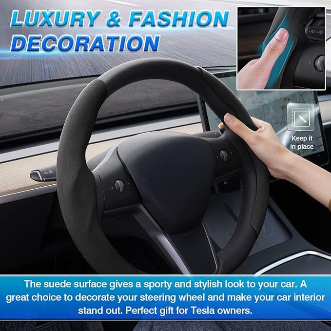 Shademax Custom-Fit for Tesla Steering Wheel Cover, Tesla Model Y 2020-2025 /Model 3 2017-2023Suede Steering Wheel Cover Protector, Non-Slip, Model Y/3 Accessories (Black)