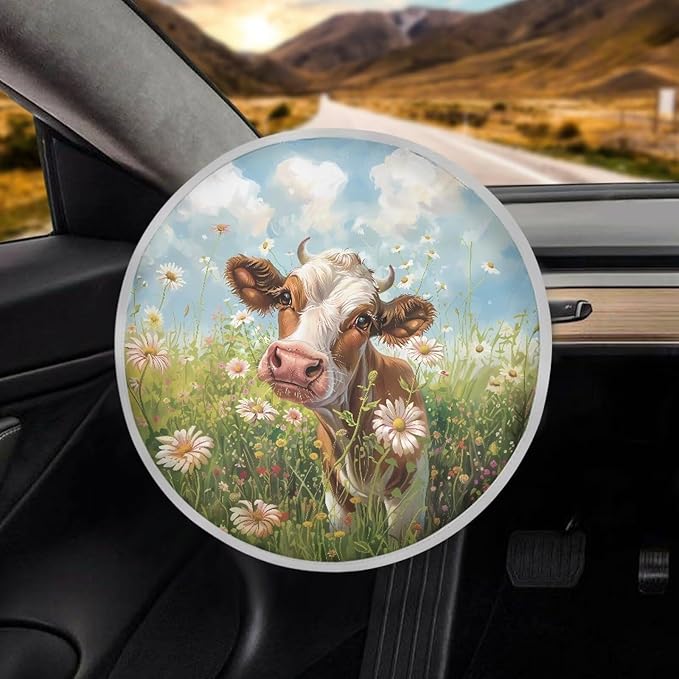 Cow Grass Daisy Flower Pattern Steering Wheel Sun Shade Cover Keep Cool in Summer Steering Wheel Sun Shade Cooling Cover for Car Truck Van SUV Steering Wheels Accessories