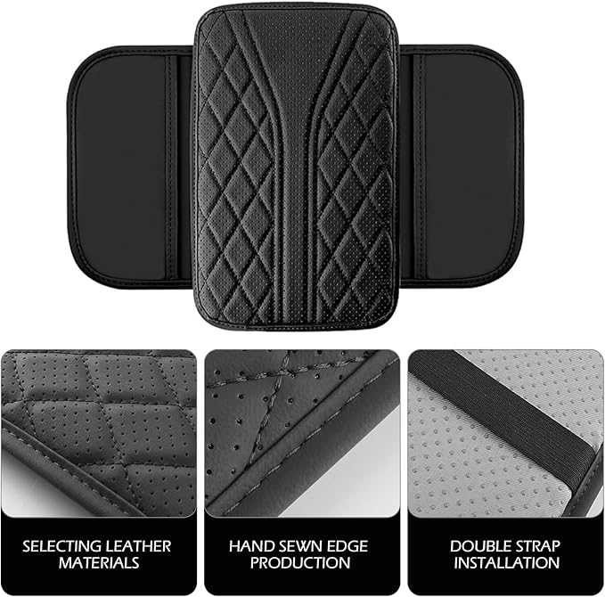 Car Center Console Cover, Leather Vehicle Armrest Protector Cushion with 2 Side Storage Bags, Auto Breathable Middle Interior Accessories, Universal for SUV, Sedan, Truck (Black)