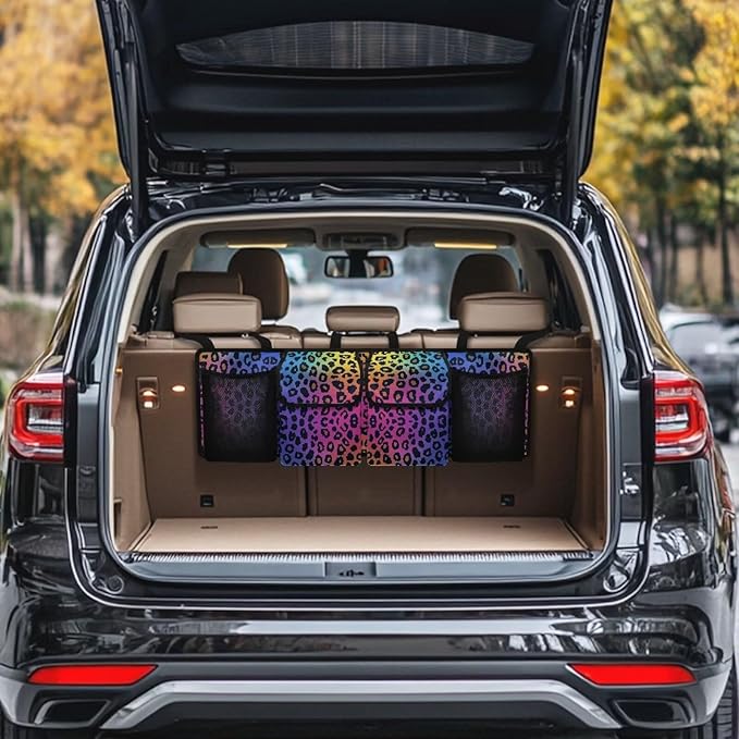 Rainbow Leopard Print Hanging Trunk Organizer Large Capacity Back of Seat Car Organizer with 4 Pockets & Buckle Straps, Waterproof Car Accessories for SUV Truck Sedan