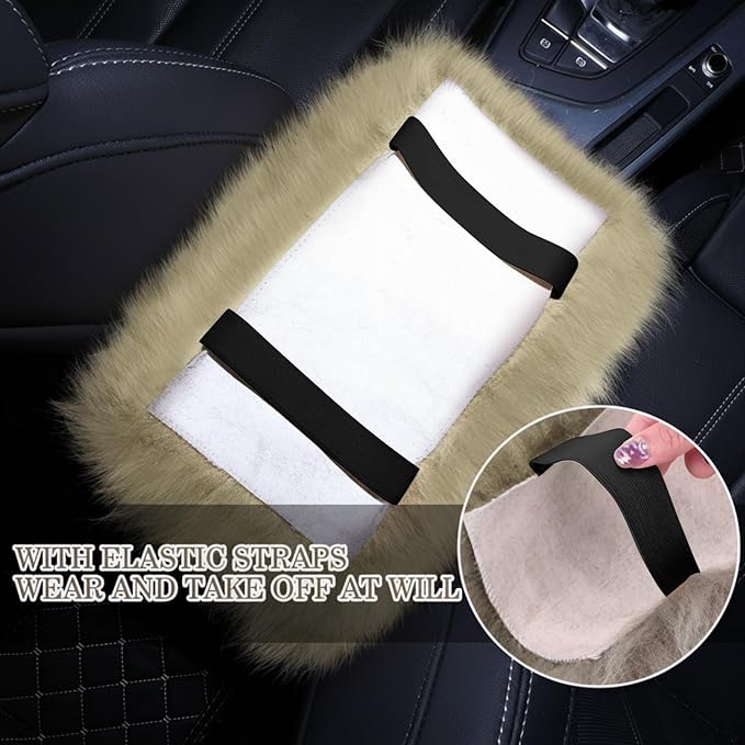 Frienda Furry Armrest Cover Auto Center Console Cover Car Soft Console Pad, Real Sheepskin Wool Soft Fluffy Auto Center Armrest Pad for Most Car Decoration Protector (Champagne)