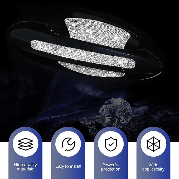 8PCS Bling Car Door Handle Protectors, Shiny Auto Doors Bowl Protective Sticker, Crystal Rhinestone Door Handle Scratch Decals, Auto Vehicle Protector Decor Covers (White)