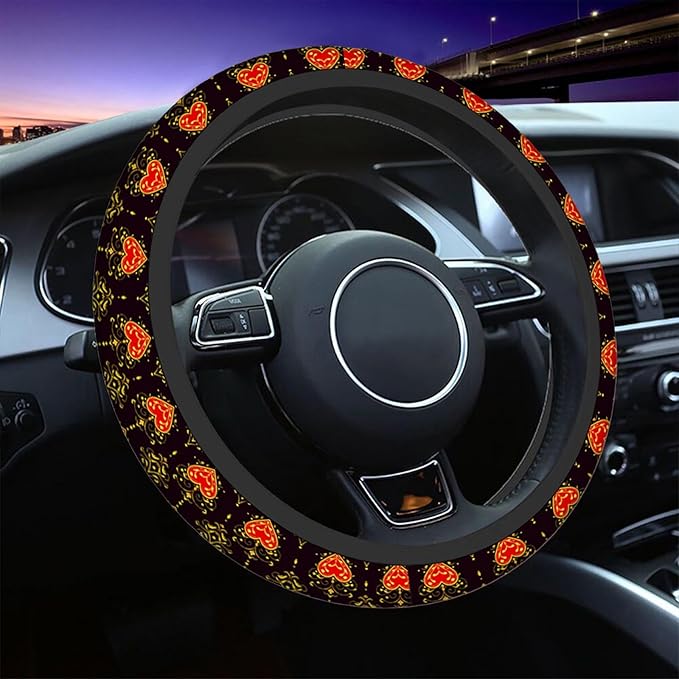 Swono Steering Wheel Covers Baroque Beautiful Ornamental Red Heart S with Crown Baroque Style Non Slip Neoprene Car Wrap Cover Comfort Grip Stretch-On Automotive Steering Wheel Protector 15 Inch