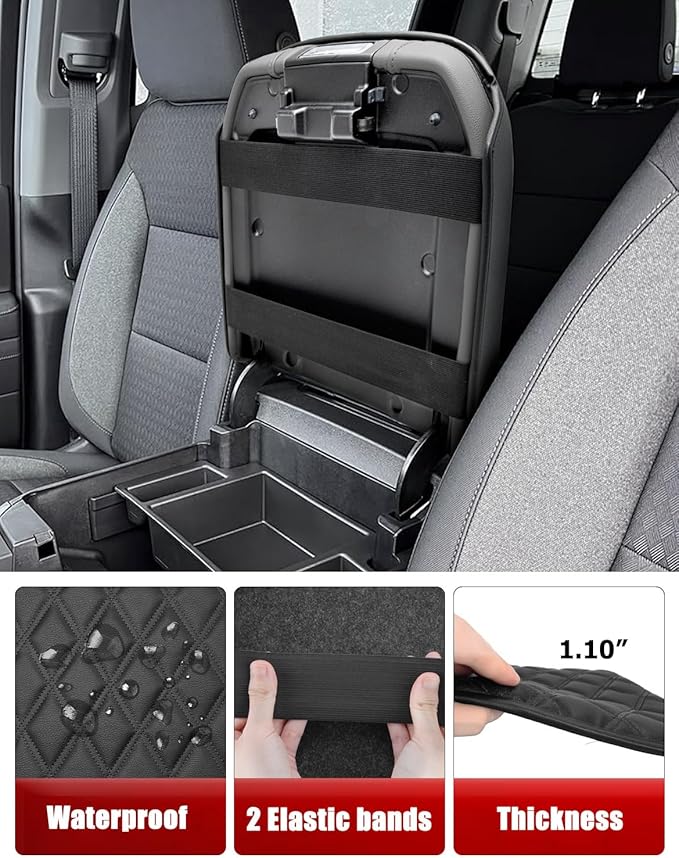 KBH Center Console Armrest Cover for Chevy Silverado & GMC Sierra 2019-2026, Tahoe & Suburban & Yukon 2021-2026, Vinyl Leather Trim, Bucket Seat, Black-Double Stitch