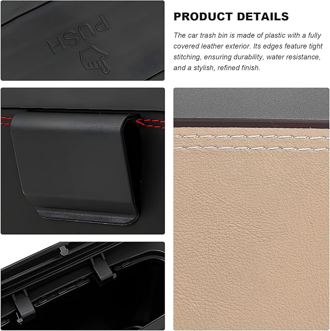 Car Trash Can with Lid, Leather Auto Dustbin Hanging Organizer with Mounting Clip, Multi-Purpose Leakproof Vehicle Garbage Bin Storage Container for Cars SUVs RVs (Beige)
