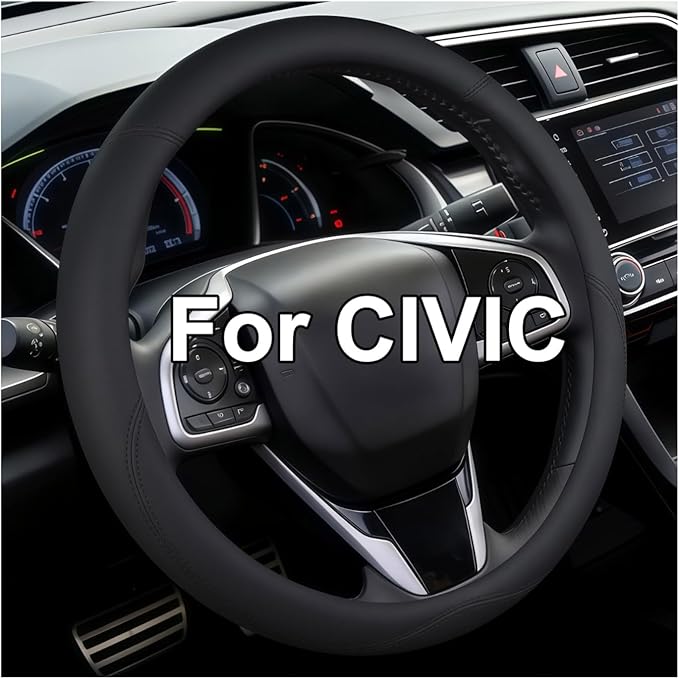 Leather Steering Wheel Cover for Honda Civic, 14.5-15 Inch Breathable Car Steering Wheel Protector, Premium Automotive Interior Accessories Compatible with Honda All Model (Black)