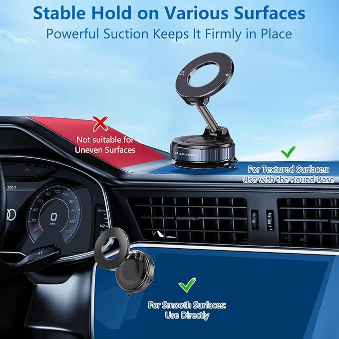 Vacuum Magnetic Car Phone Holder for Magsafe[80+LBS Strongest Suction & 2400gf Magnetic], 360° Adjustable Magnetic Car Phone Mount, Phone Holder for Your Car/Gym/Shower for iPhone&Android