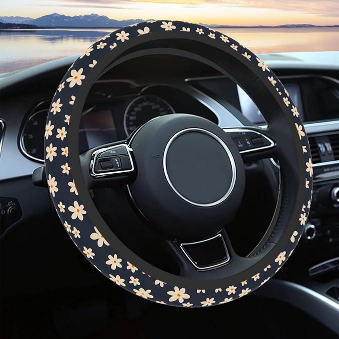 Steering Wheel Cover Neoprene Material Most Cars Men&Women Universal 15 inch Premium Non-Slip Spring Steering Wheel Protector Floral Car Accessories (Daisy Flower)