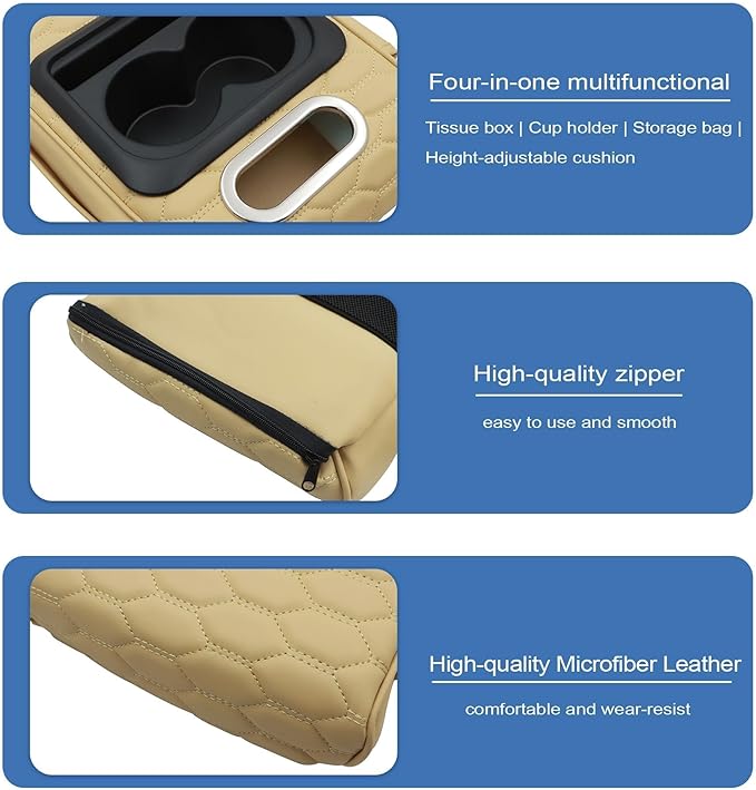 AOUTTUOA Universal Car Integrated Pressurized Multifunctional Armrest Heightening Pad Microfiber Leather Tan Car Center Console Armrest with 2 Cup Holders Phone Storage Slot Tissue Box Side Pockets