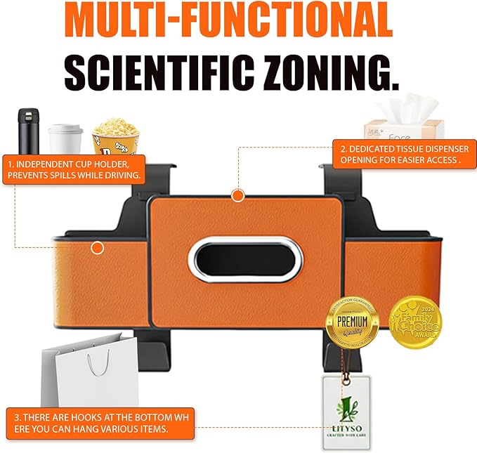 Car Backseat Organizer Multifunction Storage Box Vehicle Seat Accessories Cup Tissue Trash Hooks Phone Snack Drink Handbag Leather Interior Utility Portable Durable Easy Installation Secure(Orange)
