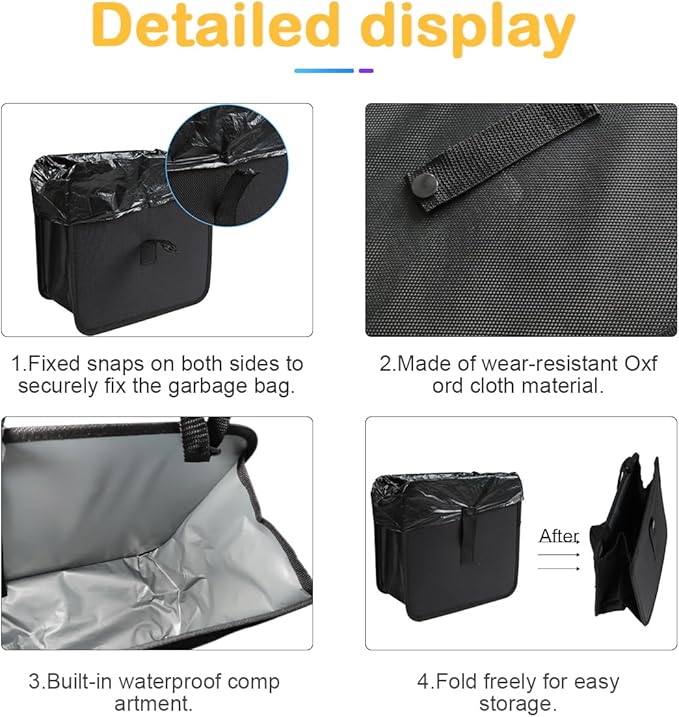 Foldable Car Trash Bin, Oxford Cloth Hanging Garbage Bag Organizer, 1.85 Gallon Capacity, Leak-Proof Waterproof Auto Storage Container, Interior Accessories