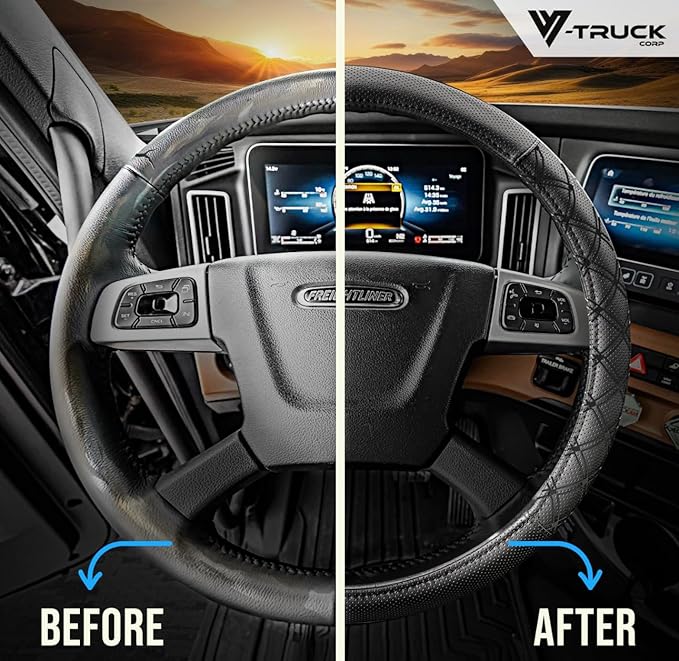Genuine Leather Steering Wheel Cover for Semi Truck – 18" X-Large, Diamond Stitching, Anti-Slip Grip, Fits 18 Inch Wheels for Big Rig, RV & 18 Wheeler Trucks (Black/Black)