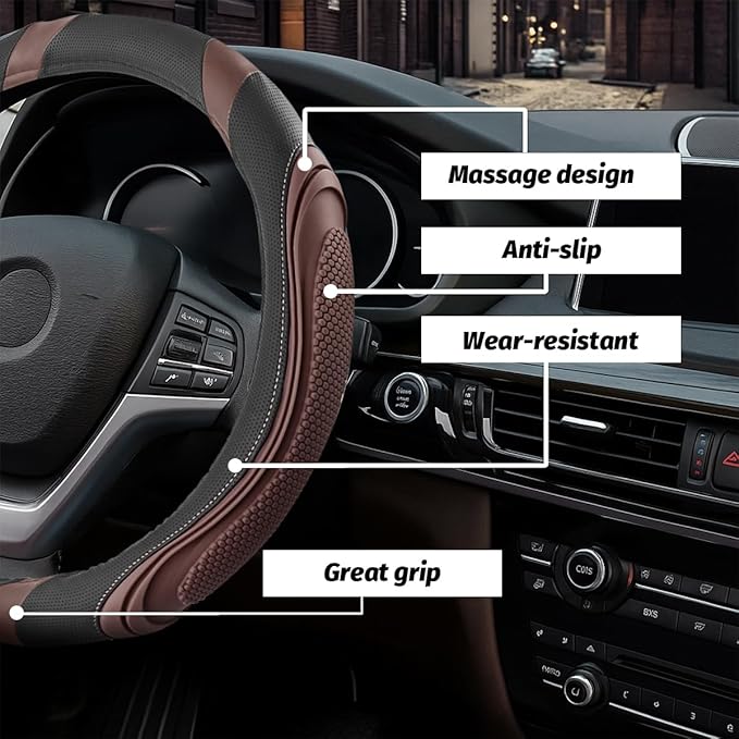 15 Inch Car Leather Steering Wheel Cover, Automotive Accessories Elastic Breathable Anti-Slip Soft Wheel Protector Fits Men and Women, Suitable for SUVs, Trucks, Vehicles and RVs (Coffee)