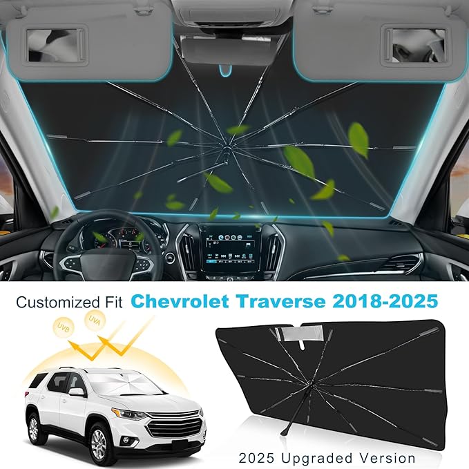 2025 Upgrade Windshield Sun Shade Umbrella Custom Fit for Chevrolet Traverse 2018-2025 Foldable UV Protection Car Cover, Emergency Rain Shield & Dashboard Protector - Durable Auto Accessory