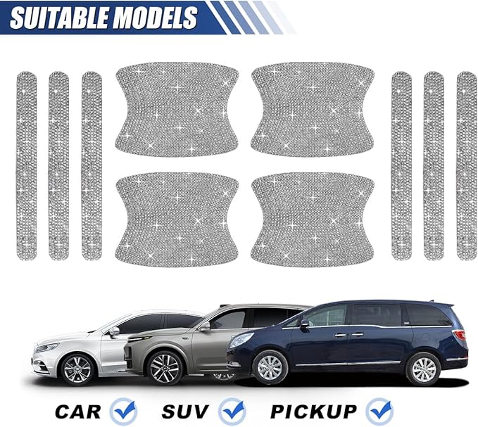10PCS Bling Car Door Handle Protector, Crystal Rhinestone Anti-Scratch Car Bowl Decoration Sticker Decal, Universal Auto Exterior Door Protective Covers Accessories for Women (White)