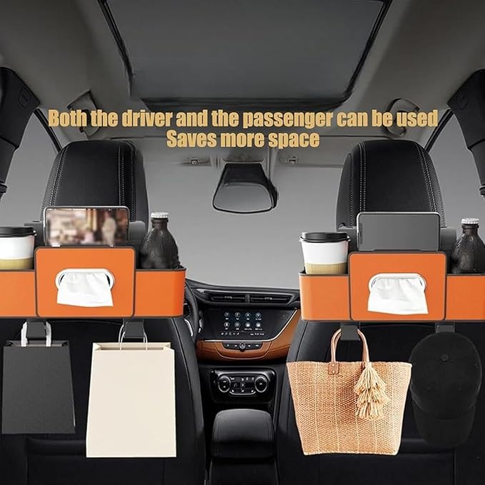 Car Organizer and Storage Box, Car Organizer and Storage Box Back Seat, 4 in 1 Multifunctional Car Back Seat Storage Box with Drink Cup Holder Tissue Box,for Drinks, Handbag (2, Orange)