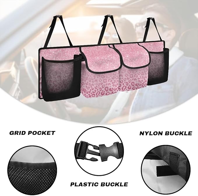 SEANATIVE Shiny Pink Leopard Car Trunk Organizer, Backseat Hanging Organizer with 4 Large Storage Bag Super Capacity -Trunk Organizer for SUV,Truck,Van -Your Space Saving Expert