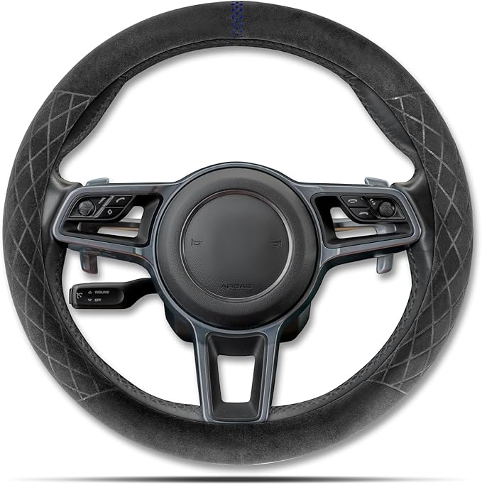 PAUUOOA Alcantara Sports Steering Wheel Cover 14.5" to 15" Fit - Anti-Slip Comfort Grip, Durable Soft Suede-Feel Luxury Material for Men Drivers | Fits Sports Cars, Luxury Cars, Sedans, SUVs and EV