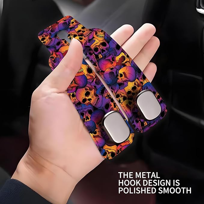 NUGGHU Car Seat Headrest Hook, Universal Leather Cute Hanger Holder Hook, Storage Organizer Interior Accessories for Purse Bags Handbag Luxury Purple Skulls
