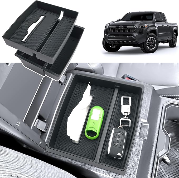 Coleya Double Layer 2024-2026 Tacoma Center Console Organizer for Toyota Tacoma (SR5/TRD Off-Road/TRD Sport/TRD Pro/Limited/Trailhunter),Durable ABS Plastic 2025 Tacoma Armrest Tray, Tissue Box Holder