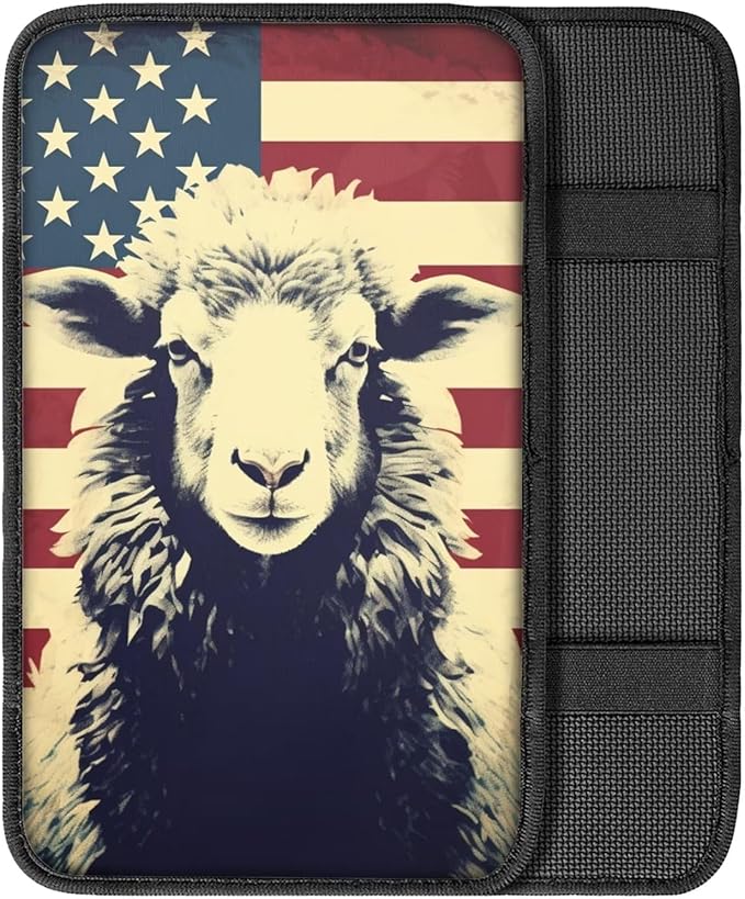 Car Center Console Pad, Universal Waterproof Car Armrest Seat Box Cover, Car Interior Accessories for Most Vehicle SUV Truck Vintage American Flag Sheep Car Armrest Pad
