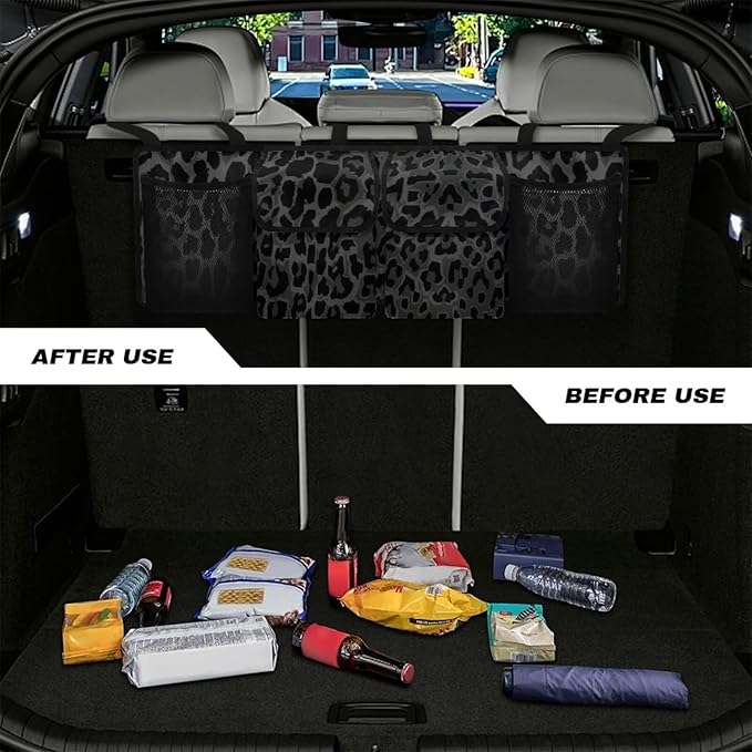 Black Leopard Backseat Trunck Organizer Waterproof Trunk Organizer for SUV Hanging Automotive Accessories with Buckle Strapes & 4 Pockets Car Storage Bag for SUV Sedan for Men Travel
