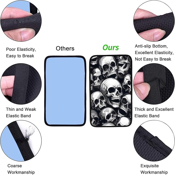 JANENFNA Car Armrest Cover Pads Universal Fashion Cute Auto Center Console Armrest Cover Pad with 2PCS Car Coasters Soft Waterproof Car Armrest Seat Protector for Women,Pile of Skulls