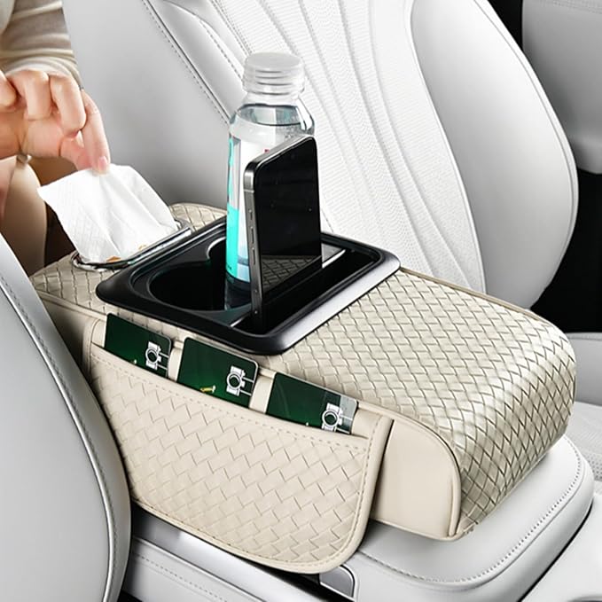 Car Armrest Cushion Cover Car Center Console Memory Foam Booster Pad with Storage Pocket and Tissue Hole for Sedan Vehicle (Cupholder - Beige, 13.39 * 7.68 * 2.95'' / 34 * 19.5 * 7.5cm)