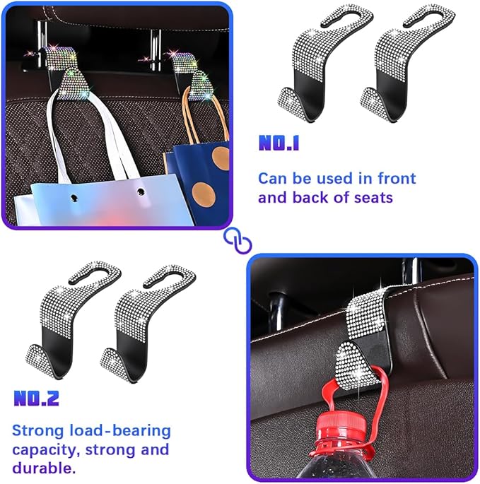 Bling Car Seat Headrest Hooks, 4PCS Crystal Rhinestone Vehicle Back Seat Hanger Holder for Handbags Purses Coats, Automotive Headrest Storage Organizer, Universal for RV SUV Truck (White)