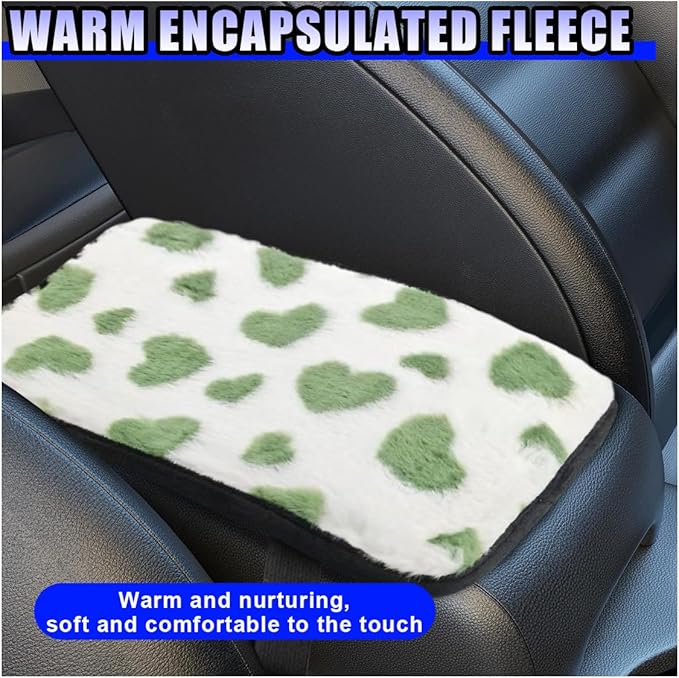 Furry Cow Print Armrest Cover for Car, Soft Plush Center Console Cushion Pad, Car Arm Rest Box Protector for Women Men, Universal Auto Decorative Accessories for Cars Trucks SUVs (Green)