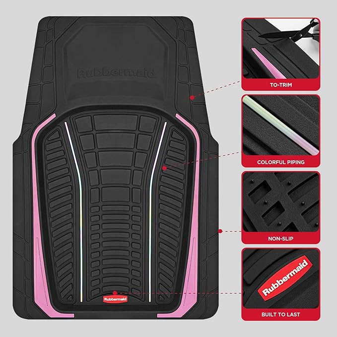 Rubbermaid Car Floor Mats Full Set – Premium All-Weather Car Mat with Brushed Aluminum Inserts, Universal Trim-to-Fit Design, Anti-Slip Backing for Cars, SUVs, Trucks, and Vans