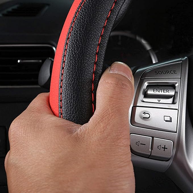 D Shape Car Steering Wheel Cover, Universal 15 inch Stitching Color Anti-Slip Steering Wheel Protector, Black and Red Sports Style (red Sports D Shape)