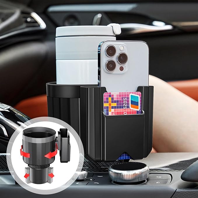 Car Cup Holder Expander Adapter, Adjustable 3 in 1 Cup Holder Expander with Phone Holder & Card Organizer, Fits Less Than 4.1'' Bottles for 2.56''-3.94'' Cup Holder, Car Accessories