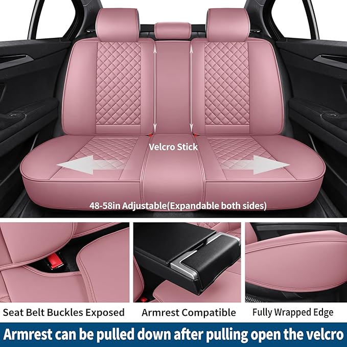 SCOMEE Pink Leather Car Seat Covers Full Set Breathable Seat Protectors Waterproof Automotive Seat Covers Universal Fit for Most Cars SUVs Trucks Vehicles