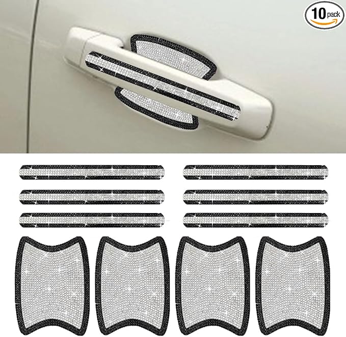 10PCS Bling Car Door Handle Protector, Crystal Rhinestone Anti-Scratch Car Bowl Decoration Sticker Decal, Universal Auto Exterior Door Protective Covers Accessories for Women (Black/White)