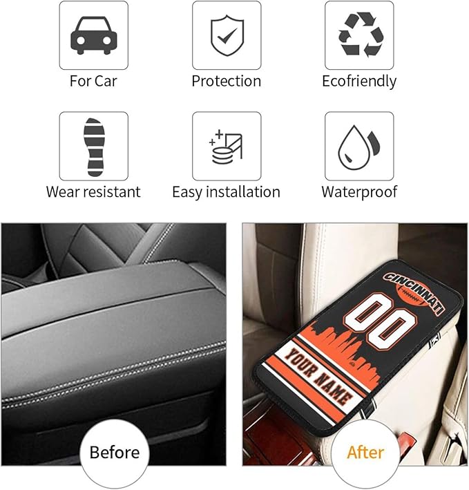 Custom Cincinnati Car Armrest Covers Personalized Football Style with Name Number Customized Auto Center Console Pad Car Handrail Box Cushion for Most Vehicle Decor Accessories, Fans Gift