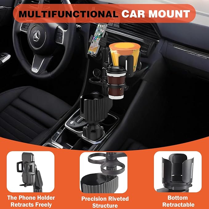 Car Cup Holder Expander， 5in1 Cupholder Expande with 2.3" to 3.6",Cup Holder Tray for Car Detachable with Large Food Tray Phone Mount, for Travel Auto Trucker Road Trip Essentials