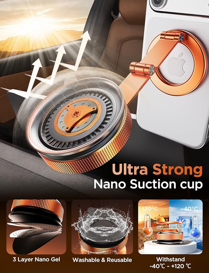 Car Phone Holder – 360° Magnetic Car Phone Mount with Metal Long Arm & Extended Reach 2026 Tesla Phone Holders for Your Car for iPhone 17 Pro Max 16 15 14 13 12 Plus, Orange