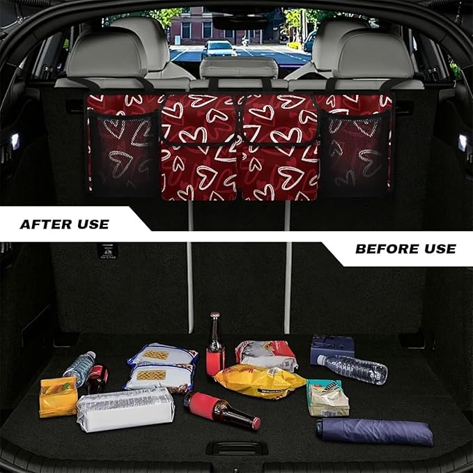 Car Trunk Organizer, Valentine'S Day Heart Hanging Seat Back Storage Organizer with Large Pockets, Space-Saving Backseat Car Organizer, Large Capacity Collapsible Bag for Most Vehicles