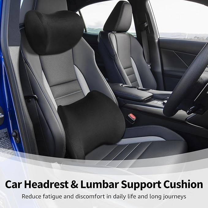 Car Seat Cushion Set, Memory Foam Headrest And Lumbar Support With Detachable Zipper Cover, Black